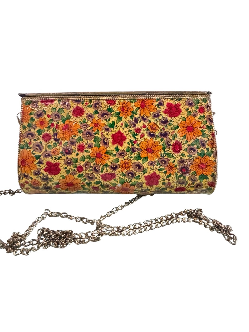 Vintage Antik Kraft Floral Decoupage Clutch Crossbody Chain Bag Boho Gold - Picture 4 of 11